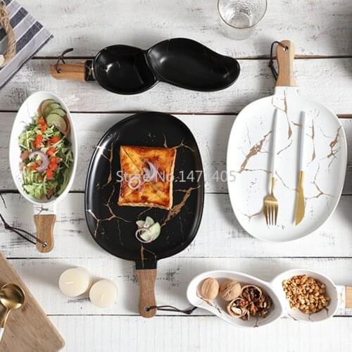 Nordic Creative Matte Black Glazed Ceramic Tableware Simple Marble Gold Baking Bowl with Wooden Handle