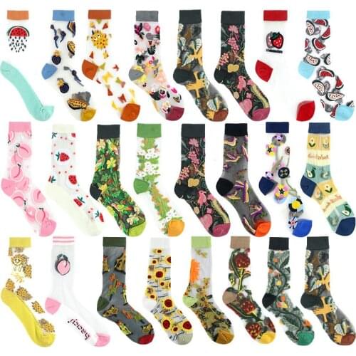 Anewmorn European American Style Summer Flowers Thin Glass Silk Woman’s Socks Ins Trendy Breathable Girls Socks Sunflower Pretty