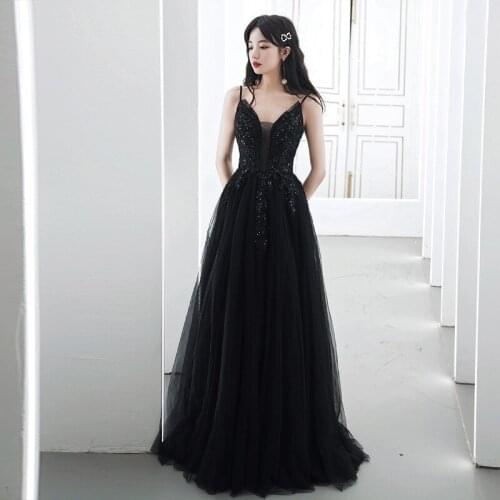 Special Occasion Dresses Illusion V-Neck Pearls Sequined Spaghetti Strap Lace Tulle A-Line Black Backless Women Prom Gown E906