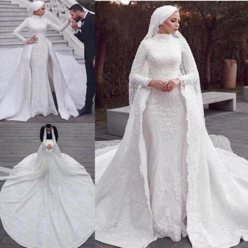 Luxury Muslim Wedding Dresses With Detachable Train High Neck Appliqued Vintage Wedding Dress Custom Long Sleeve Bridal Gowns