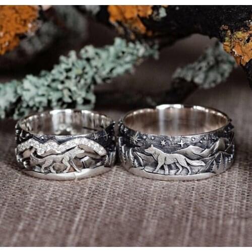 Thai Silver Loyal Wolf Women Men Rings Crystal Forever Love Animal Promise Couple Jewelry Matching Punk Ring Gift