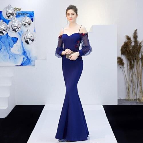Prom dresses 2019 blue mermaid prom dress sexy bare back appliques beading prom gown with long sleeves