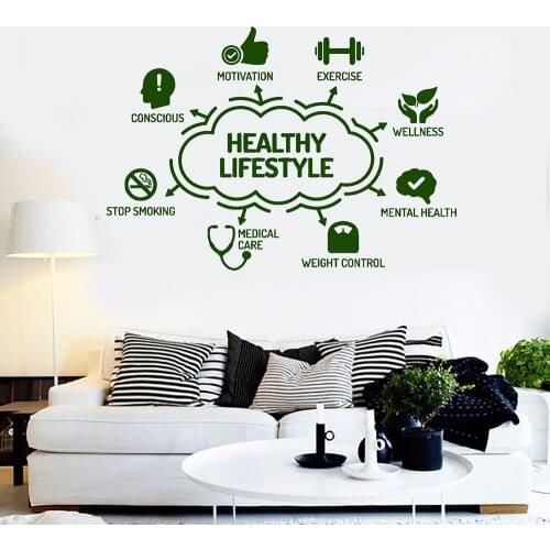 Healthy Living Wall Decal Sport Health Lifestyle Stickers Mural Living Room Bedroom Wall Decor Exercise Stop Smoking Quote D223