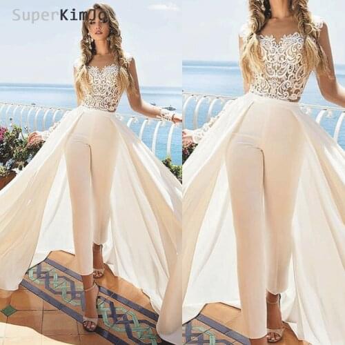 SuperKimJo Lace Applique Jumpsuits for Women 2020 Detachable Skirt Elegant Cheap Pants for Weddings Vestido De Festa