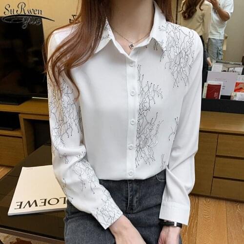 2021 Office Long Sleeve Cardigan Shirts Autumn White Printing Blouse Women Blusas Mujer Women Single Breasted Clothing 12140
