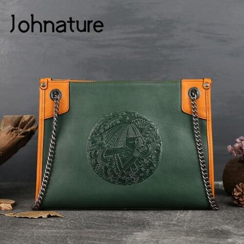 Johnature Genuine Leather Summer 2021 New Women Bag Vintage Embossed Chain Shoulder Bags Nature Cowhide Fashion Female Handbag