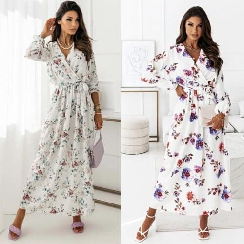 Spring Autumn Maxi Womens Dress Wrap V-neck Long-sleeved Floral Dress Sweet Party Elegant Clothing Vintage 2021 Plus Size Robe