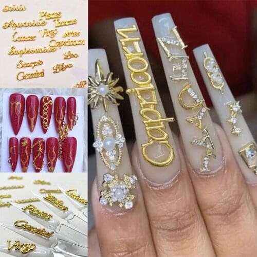 12Pcs/Set Gold Metal Nail Art Charms 3D Luxury Constellation Letters With Crystal Rhinestone Alloy Nail Art Press On Decoration