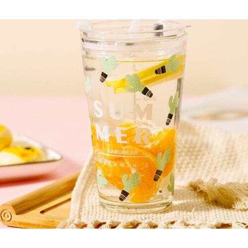 450ml Water Glass Bottle Water Drink Bottle Graduated with Straw Broken-resistant Lovely Juice Cup Drinkware Cup for Home