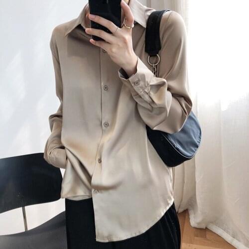 Womens Tops and Blouses Casual Shirt Blusas Roupa Feminina Women White Blouses Turn Down Collar Long Sleeve Satin Material