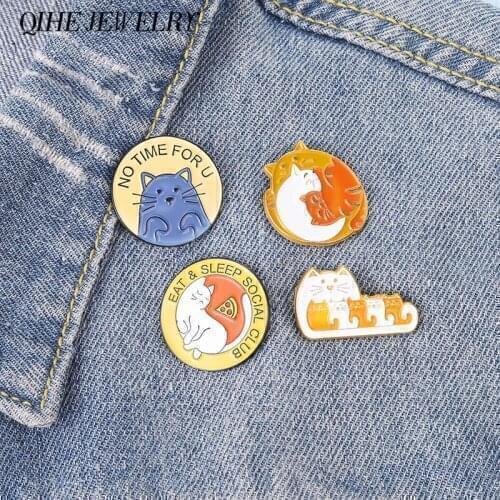 Cat Lapel Pin Pussy Cartoon Brooches Sleeping Hugging Eat Pizza Badges Hat Bag Accessories Gift for Kitties Lover