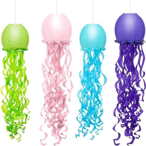 4 Colors Hanging Jellyfish Paper Lanterns 12 Inches Round Lampion for Baby Girls Nursery Bedroom Ocean Theme Party Decorations