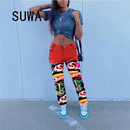 Denim Pattern Print Personality Pants Women High Waist Mens Jacket Bodycon Trousers Streetwear Skinny Workout Pants