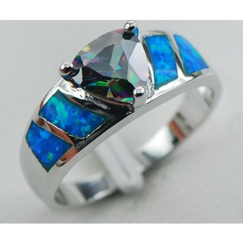 Rainbow Crystal Zircon Blue Opal 925 Sterling Silver Ring Size 6 7 8 9 10 R1295