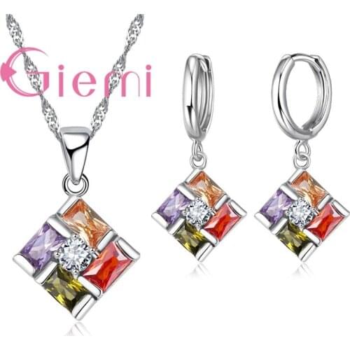 Cubic Zirconia 925 Sterling Silver Interested Gorgeous Crystal Square Quartet Ladies Necklace Earrings Set High Discount