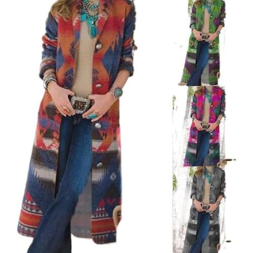 2021 autumn and winter new womens long printed jacket long sleeve woolen coat long dress for women