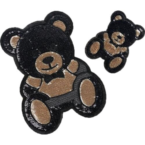 Black Gold Cute Bear Embroidery Patch Big Iron-on Sequin Patches Applique for Clothing Badges Fabric DIY Appliques Patches