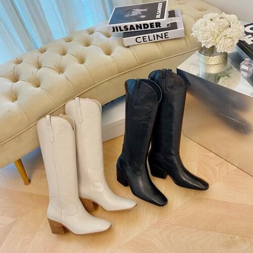 2021 Newest Winter Shoes Woman Western Boots Genuine Leather Knee High Boots Woman High Boots Square-Toes Mid Heels Boots Woman