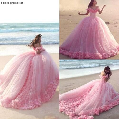 New Arrival Romantic Pink Wedding Dresses Puffy Ball Gown Off The Shoulder Backless Dream Princess Bridal Party Gowns