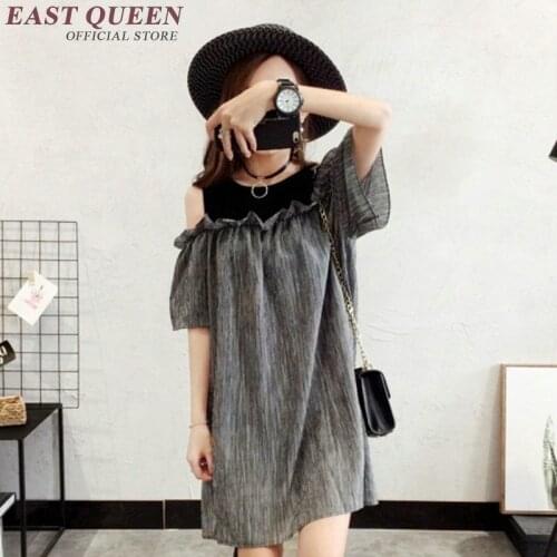 New arrival women dress summer 2018 casual loose cold shoulder blouse strapless keen length blouse with ruffles NN0705 HQ