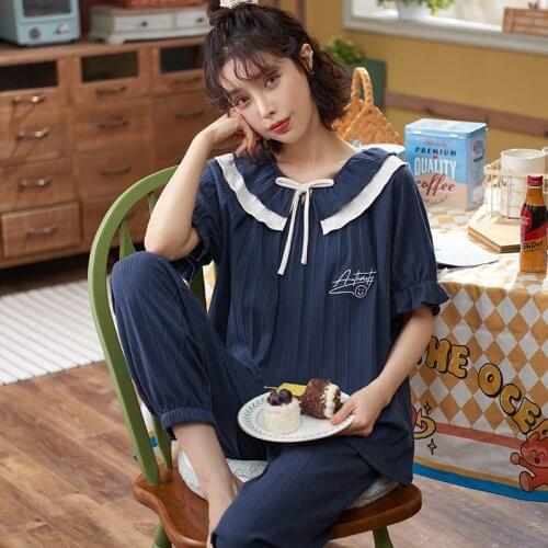 Plus Size 3 XL 4XL 2021 Summer Cotton Women Pajamas Set Loose Leisure Short Sleeve Top+ Pant Women Sleepwear Home Wear Tracksuit