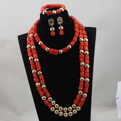 Luxury Wedding Women Coral Beads Jewelry Set 28inches Long Beaded Statement Necklace Set Dubai Gold Free Shipping CNR644