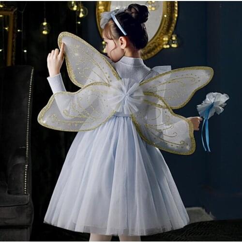 Retail Children Girls Fairy Butterfly Dresses With Wing, Princess Sweet Rose Flower Party Clothing 2-7T
