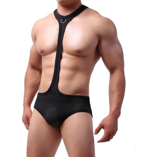 Sexy Men Undershirts Jockstrap Mesh Halter Bodysuits Leotard Wrestling Singlet Jumpsuits Gay Underwear Black Nightwear Plus Size