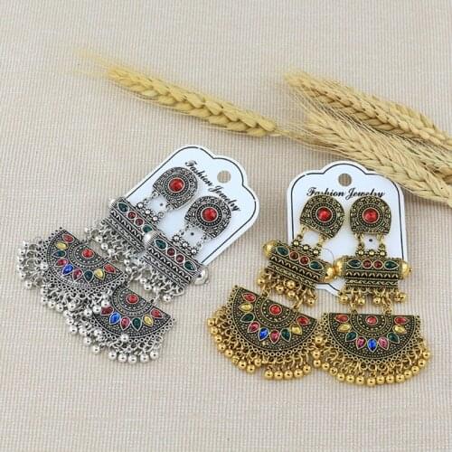 Gypsy Indian Bell Dangle Earrings Retro Ethnic Bali Mexico Tassel Colorful Rhinestones Jhumka Earrings for Women 2 Color