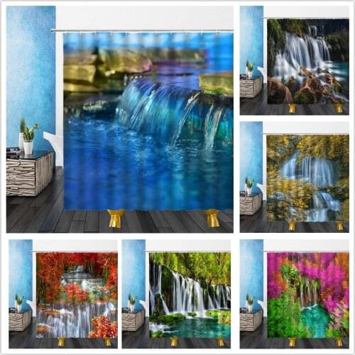 3D Waterfall Natural Scenery Forest Trees Waterproof Shower Curtains Bathroom Landscape Bath Cloth Curtain Home Decor With Hooks