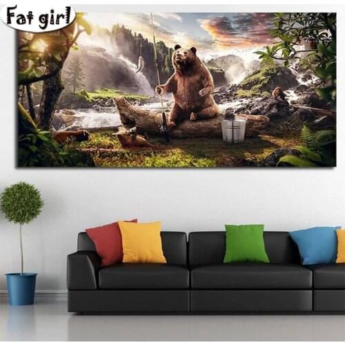 Needlework Embroidery Brown Bear Fishing Cross Stitch Diy Diamond Painting Sale Full Square Round 3D Picture Rhinestone Mosaic