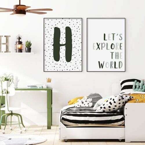Green Lets Explore The World Custom Initial Nursery Canvas Paintings Poster Prints Wall Art Pictures for Kids Room Home Decor