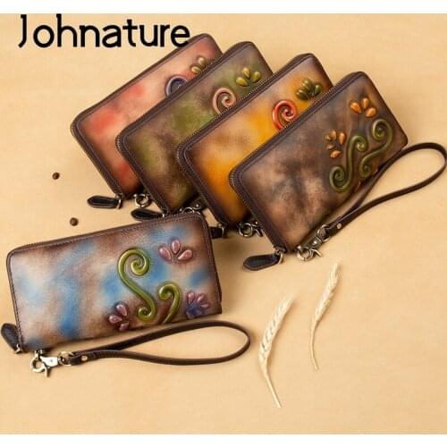 Johnature Genuine Leather Large Clutch Wallet 2020 New Retro Zipper Long Hand Wallets Card Holder Handmade Cowhide Phone Purse