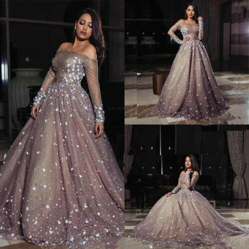 Arabic Formal Evening Dresses 2020 Luxury Long Sleeve Tulle Appliques Sweep Train Prom Dress Party Wear Off The Shoulder Gowns