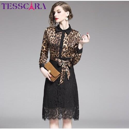 TESSCARA Women Spring Elegant Leopard Dress Shirt Female Office Party Lace Pencil Robe High Quality Designer Cocktail Vestidos