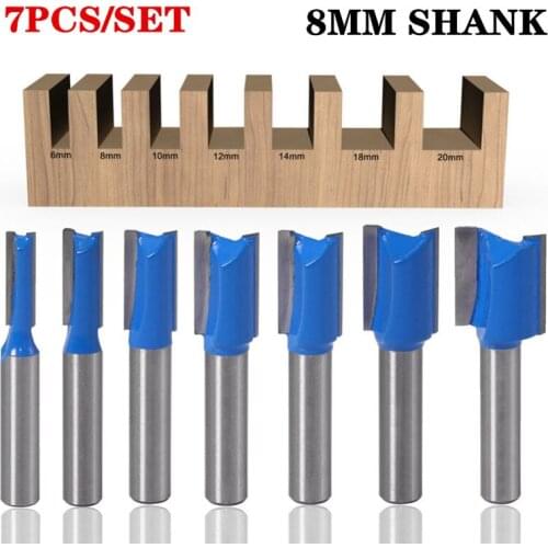 7pcs/set 8mm Shank Double Flute Straight Bit Milling Cutter for Wood Tungsten Carbide Router Bit Woodwork Tool