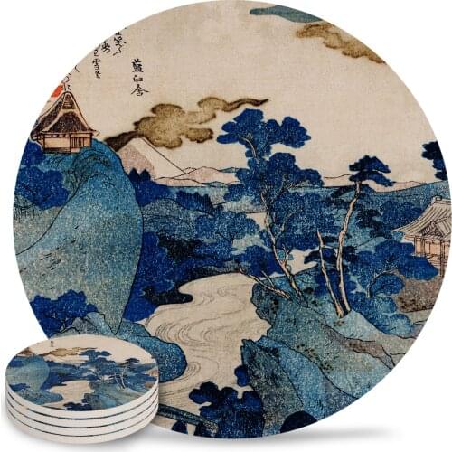 Cottages on Cliffs Japanese Landscape Ceramic Coasters Waterproof Tea Cup Mat Christmas Home Decor Coasters for Glasses