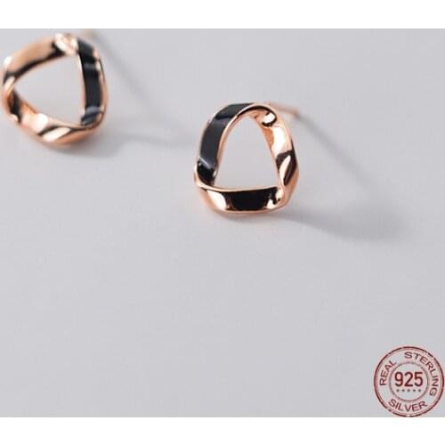 LKO 925 Sterling Silver Stud Earrings Black Glue DropBend Line Irregular Triangle Earrings For Women Simple Trend Party Jewelry