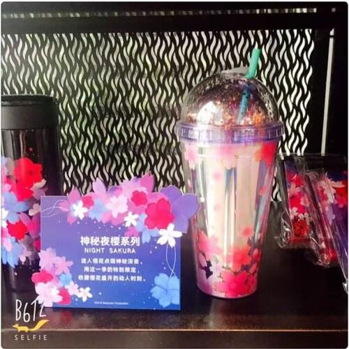 Ice cream straws cup Cherry Blossom sparkle double layer ice cup cartoon creative ice cup