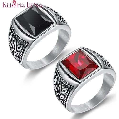 Vintage Men Ring Titanium Stainless Steel Square Red Black Green Zircon Stone Finger Ring Punk Hiphop Male Jewelry Party Gift