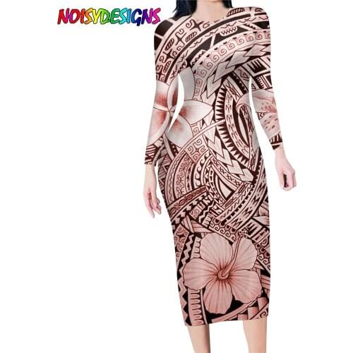 NOISYDESIGNS Polynesian Hibiscus Flowers Pattern Women Fashion Slim Dress Samoan Tattoo Style Ladies Round Neck Pencil Dresses