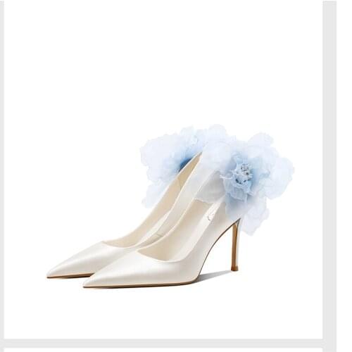 2021 spring new silk bridal wedding shoes stiletto high heel pointed shallow mouth banquet dress flower single shoes women