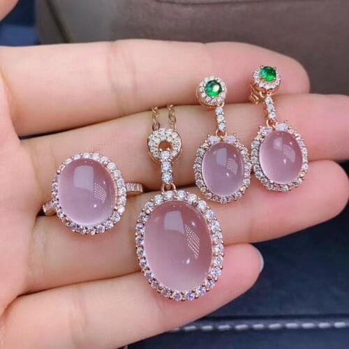 New Arrival Natural and Real Natural And Real Rose Quartz Jewelry set 925 sterling silver 1pc Ring,1pc Pendant,2pcs Earring