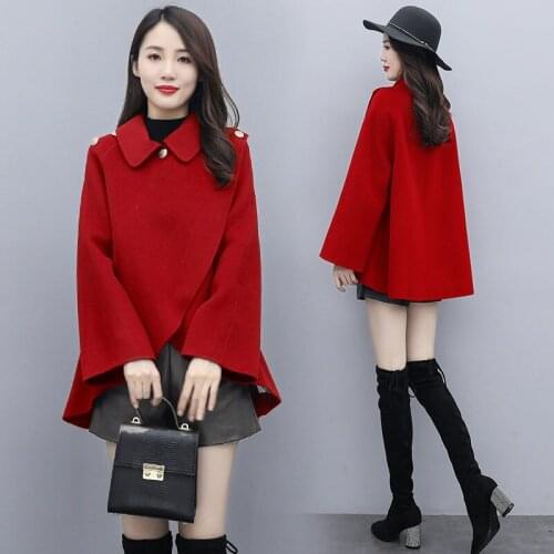 Red Fashionable Woolen Coat Womens 2021 Autumn And Winter New Temperament Short Shawl Cloak Woolen Jacket Ladies Cape Y1540