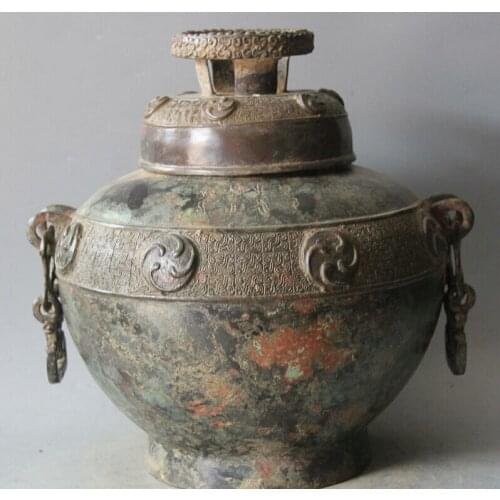 Song voge gem S2259 12" Archaic Chinese Dynasty Palace Bronze Handle Wine Vessel Water Pot Jar Crock