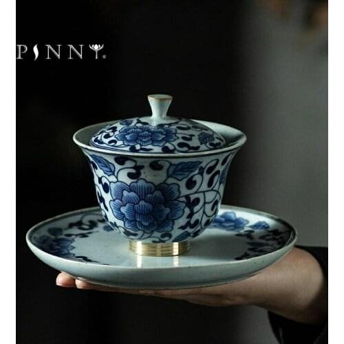 PINNY 130ML Blue And White Porcelain Copper Bottom Gaiwan Ceramic Traditional Chinese Tea Bowl Pigmented Tea Service