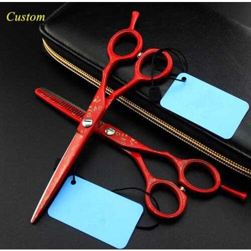 Custom professional japan 440c 6 inch red hair scissors set cutting makas barber thinning shears haircut hairdressing scissors