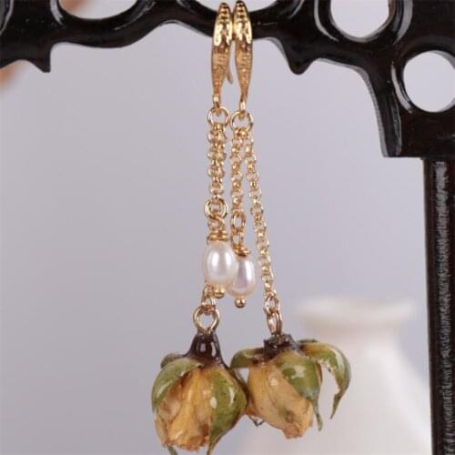 Natural Pearl Roses Earrings Dangle 18KGP Chain Ms gift Halloween New Year Ear stud Wedding Jewelry Easter Cultured Freshwater