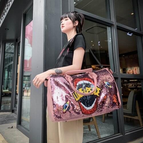 New Sequined Letters Gym Bag Short Trip Bag Portable Sports Bag Large Capacity Luggage Bag Women