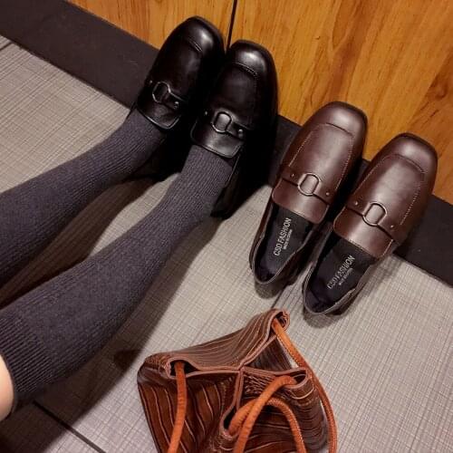 Women Square Toe Shoes College Students Shoes Uniform Shoes PU Leather Loafer Chic Monk Straps Shoes Low Heels